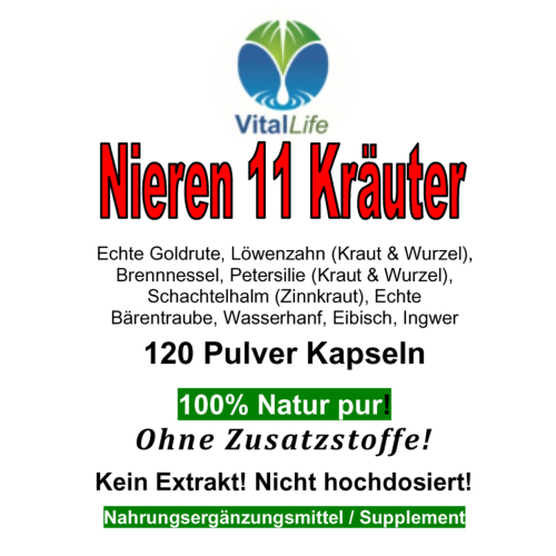 Nierenkapseln 11 Nieren Kräuter 120 Kapseln mit GOLDRUTE - LÖWENZAHN - BRENNNESSEL uvm. [100% NATUR pur]