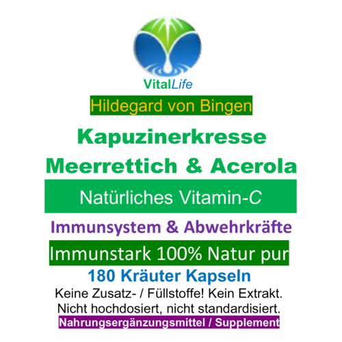 Immunstark - Kapuzinerkresse + Meerrettich + Acerola 100% NATÜRLICHES Vitamin C 180 Pulver Kapseln