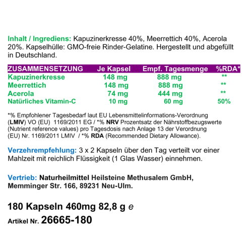 Immunstark - Kapuzinerkresse + Meerrettich + Acerola 100% NATÜRLICHES Vitamin C 180 Pulver Kapseln