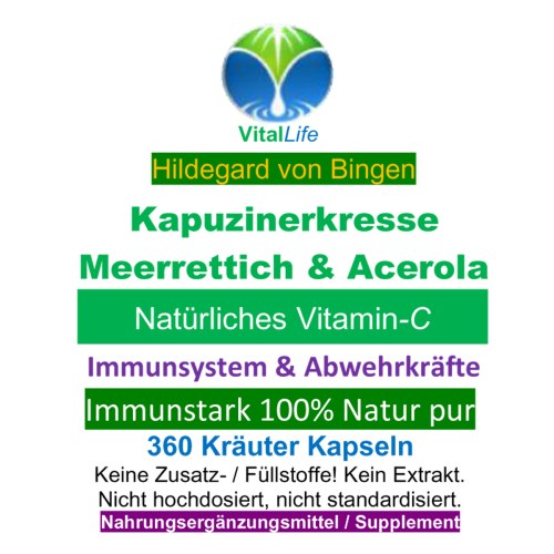 Immunstark - Kapuzinerkresse + Meerrettich + Acerola 100% NATÜRLICHES Vitamin C 360 Pulver Kapseln