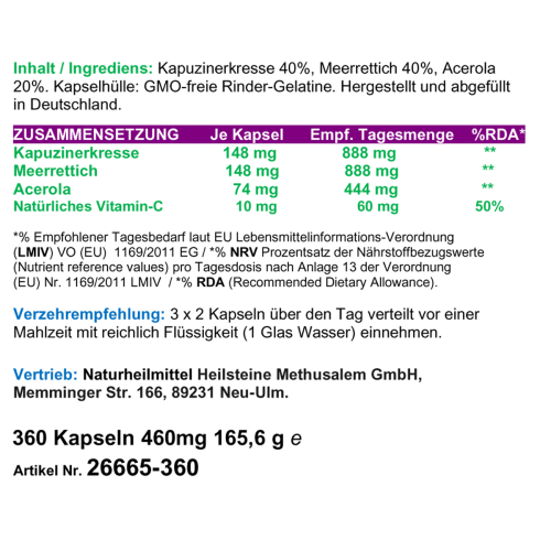 Immunstark - Kapuzinerkresse + Meerrettich + Acerola 100% NATÜRLICHES Vitamin C 360 Pulver Kapseln