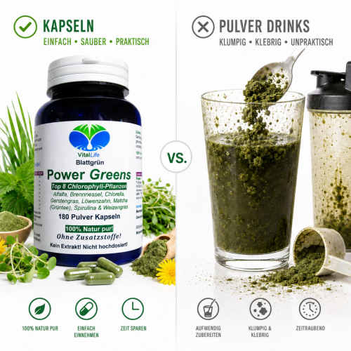 Green Power Greens 8x Chlorophyll Supergreens 180 Pulver Kapseln Alfalfa Brennnessel Chlorella Gerstengras Löwenzahn Matcha Spirulina Weizengras. Natur pur. Ohne Zusatzstoffe.