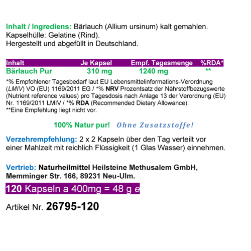 Frischblatt Bärlauch Wildwuchs 120 Kapseln wilder Knoblauch. Natürliche Schwefelquelle, Natur pur ohne Zusatzstoffe.