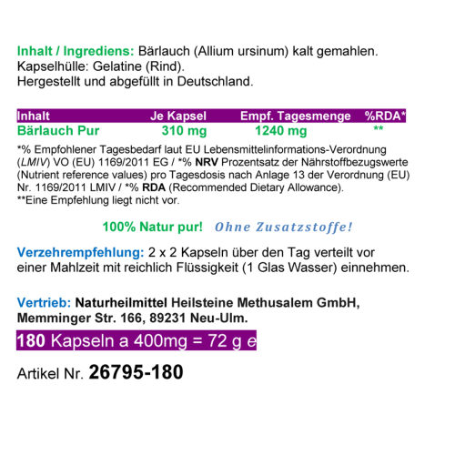 Frischblatt Bärlauch Wildwuchs 180 Kapseln wilder Knoblauch. Natürliche Schwefelquelle, Natur pur ohne Zusatzstoffe.