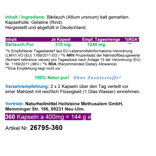 Frischblatt Bärlauch Wildwuchs 360 Kapseln wilder Knoblauch. Natürliche Schwefelquelle, Natur pur ohne Zusatzstoffe.