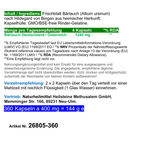 Bärlauch 360 Kapseln Wilder Frischblatt Bärlauch Waldknoblauch nach Hildegard von Bingen OHNE Zusatzstoffe OHNE Füllstoffe.