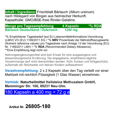 Bärlauch 720 (4x180) Kapseln Wilder Frischblatt Bärlauch Waldknoblauch nach Hildegard von Bingen OHNE Zusatzstoffe OHNE Füllstoffe.