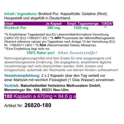 BROKKOLI Broccoli Sulforaphan & Indol-3-Carbinol 180 Kapseln - Antioxidantien & Vitamine C E K, B-Komplex + Calcium Magnesium Eisen Kalium Selen uvm [OHNE ZUSATZSTOFFE].