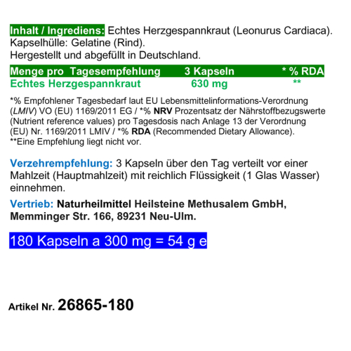 Echtes HERZGESPANNKRAUT 180 Kapseln Herzgespann [Herz & Kreislauf] HerzGesundKraut nach Hildegard von Bingen (Motherwort Leonurus Cardiaca) 100% NATUR PUR! Ohne ZUSATZSTOFFE.