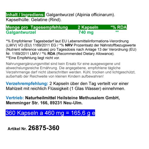 Galgant Kapseln 360 Galgantwurzel Bitterstoffe verdauungsfördernd, galletreibend. Nach Hildegard von Bingen OHNE Zusatzstoffe