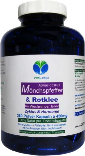 ROTKLEE & MÖNCHSPFEFFER 360 Kapseln - Hormon Ballance Frauenleiden Wechseljahre Menopause - ZYKLUS & HARMONIE - NATUR pur Isoflavone & Phytohormone. KEIN EXTRAKT! OHNE ZUSATZSTOFFE.