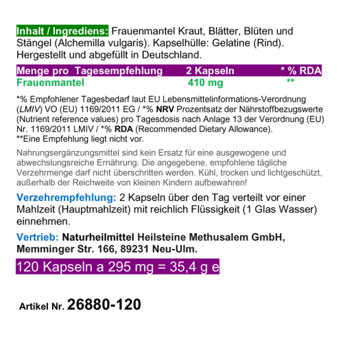 Frauenmantel 120 Kapseln Frauenmantelkraut - BALANCE & HARMONIE im monatlichen Rhythmus und weiblichen Zyklus. Natur pur. Ohne ZUSATZSTOFFE