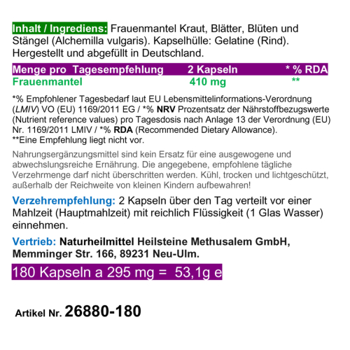 Frauenmantel 180 Kapseln Frauenmantelkraut - BALANCE & HARMONIE im monatlichen Rhythmus und weiblichen Zyklus. Natur pur. Ohne ZUSATZSTOFFE