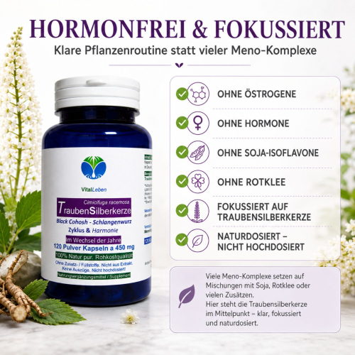 Traubensilberkerze 120 Kapseln Frauenpflanze für Lebensmitte, Wechseljahre, Menopause. Cimicifuga Black Cohosh. Hormonfrei. Kein Extrakt, nicht hochdosiert. NATUR pur. OHNE ZUSATZSTOFFE.