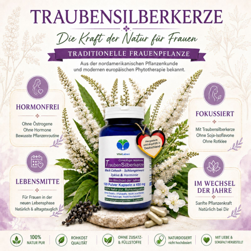 Traubensilberkerze 120 Kapseln Frauenpflanze für Lebensmitte, Wechseljahre, Menopause. Cimicifuga Black Cohosh. Hormonfrei. Kein Extrakt, nicht hochdosiert. NATUR pur. OHNE ZUSATZSTOFFE.