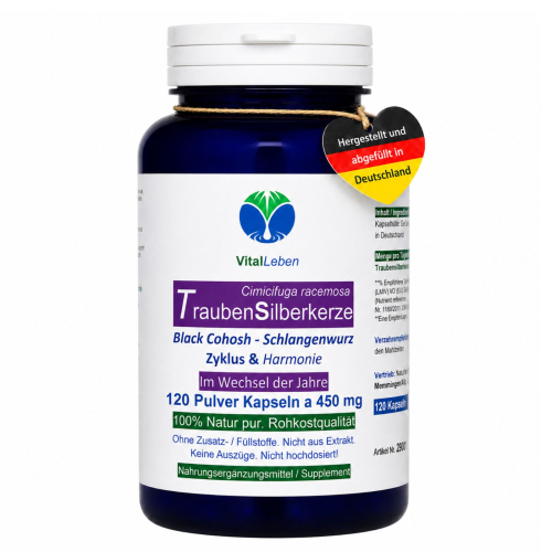 Traubensilberkerze 120 Kapseln Frauenpflanze für Lebensmitte, Wechseljahre, Menopause. Cimicifuga Black Cohosh. Hormonfrei. Kein Extrakt, nicht hochdosiert. NATUR pur. OHNE ZUSATZSTOFFE.