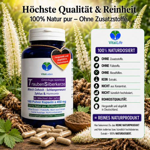 Traubensilberkerze 180 Kapseln Frauenpflanze für Lebensmitte, Wechseljahre, Menopause. Cimicifuga Black Cohosh. Hormonfrei. Kein Extrakt, nicht hochdosiert. NATUR pur. OHNE ZUSATZSTOFFE.