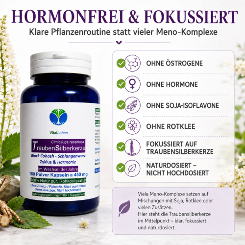 Traubensilberkerze 180 Kapseln Frauenpflanze für Lebensmitte, Wechseljahre, Menopause. Cimicifuga Black Cohosh. Hormonfrei. Kein Extrakt, nicht hochdosiert. NATUR pur. OHNE ZUSATZSTOFFE.