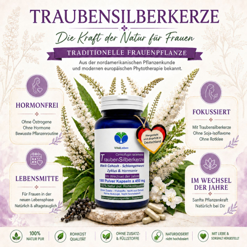 Traubensilberkerze 180 Kapseln Frauenpflanze für Lebensmitte, Wechseljahre, Menopause. Cimicifuga Black Cohosh. Hormonfrei. Kein Extrakt, nicht hochdosiert. NATUR pur. OHNE ZUSATZSTOFFE.