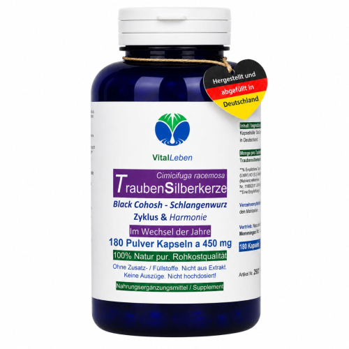 Traubensilberkerze 180 Kapseln Frauenpflanze für Lebensmitte, Wechseljahre, Menopause. Cimicifuga Black Cohosh. Hormonfrei. Kein Extrakt, nicht hochdosiert. NATUR pur. OHNE ZUSATZSTOFFE.