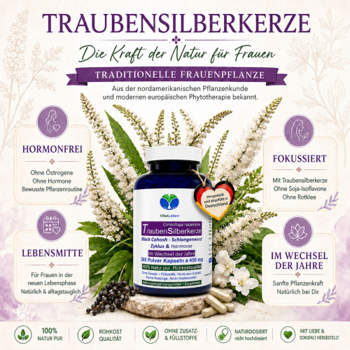 Traubensilberkerze 360 Kapseln Frauenpflanze für Lebensmitte, Wechseljahre, Menopause. Cimicifuga Black Cohosh. Hormonfrei. Kein Extrakt, nicht hochdosiert. NATUR pur. OHNE ZUSATZSTOFFE.