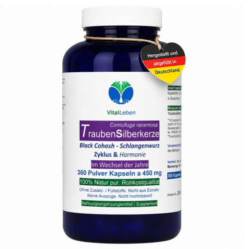 Traubensilberkerze 360 Kapseln Frauenpflanze für Lebensmitte, Wechseljahre, Menopause. Cimicifuga Black Cohosh. Hormonfrei. Kein Extrakt, nicht hochdosiert. NATUR pur. OHNE ZUSATZSTOFFE.