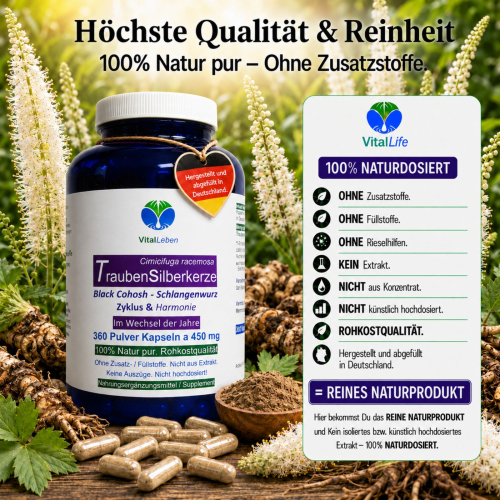 Traubensilberkerze 360 Kapseln Frauenpflanze für Lebensmitte, Wechseljahre, Menopause. Cimicifuga Black Cohosh. Hormonfrei. Kein Extrakt, nicht hochdosiert. NATUR pur. OHNE ZUSATZSTOFFE.