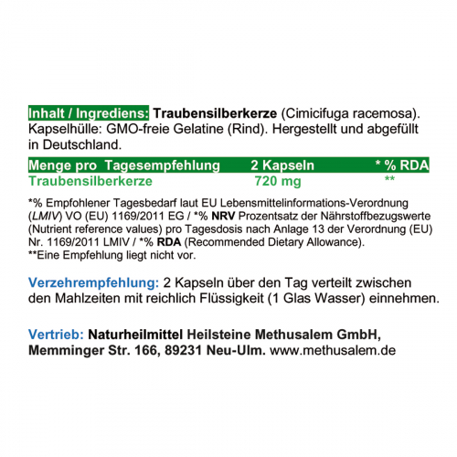 Traubensilberkerze Wechseljahre 720 Kapseln Black Cohosh Schlangenwurz - OHNE ZUSATZSTOFFE ►3 + 1 GRATIS