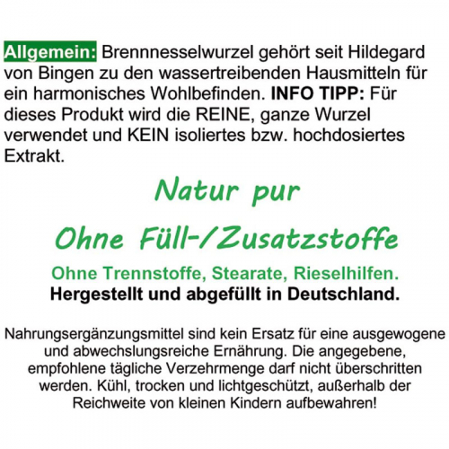 BRENNNESSELWURZEL 180 Brennnessel-Wurzel Kapseln zur FREUDE von BLASE & PROSTATA (Hildegard von Bingen) - Natur pur. Nicht hochdosiert, kein Extrakt [OHNE ZUSATZSTOFFE]