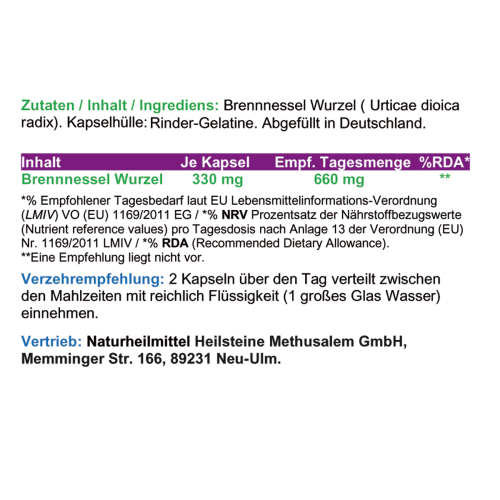 BRENNNESSELWURZEL 180 Brennnessel-Wurzel Kapseln zur FREUDE von BLASE & PROSTATA (Hildegard von Bingen) - Natur pur. Nicht hochdosiert, kein Extrakt [OHNE ZUSATZSTOFFE]