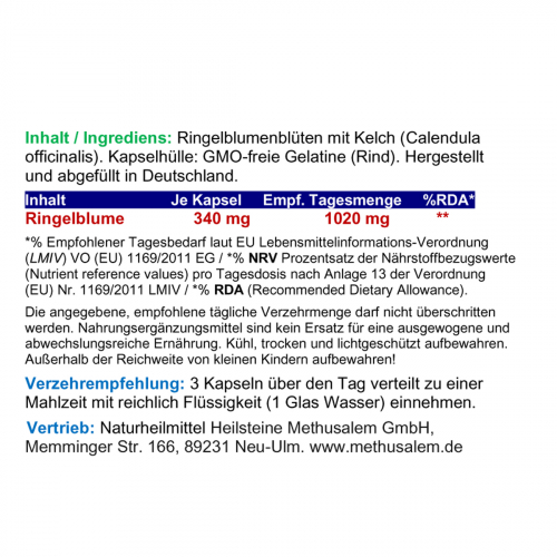 Ringelblume Sehkraft 180 Kapseln Augen-Vitamine Augenkraut Augenpflege Augendank Calendula - OHNE ZUSATZSTOFFE.