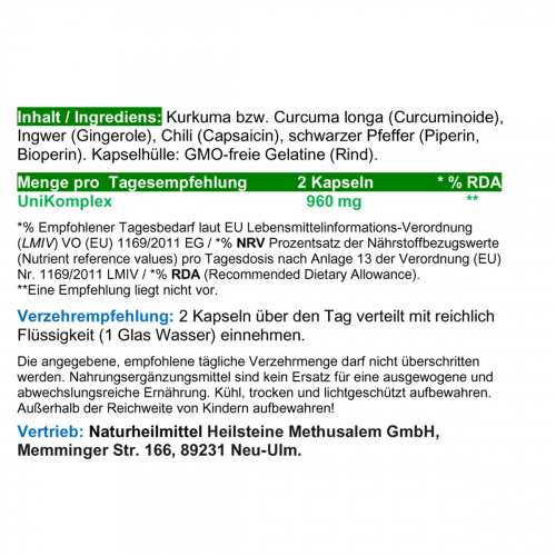 UniKomplex Kurkuma Ingwer Chili Pfeffer 180 Pulver Kapseln