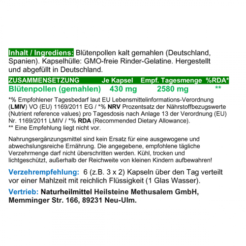 BLÜTENPOLLEN Bienen Pollen 720 Pulver Kapseln Vitamine Vitalstoffe Antioxidantien