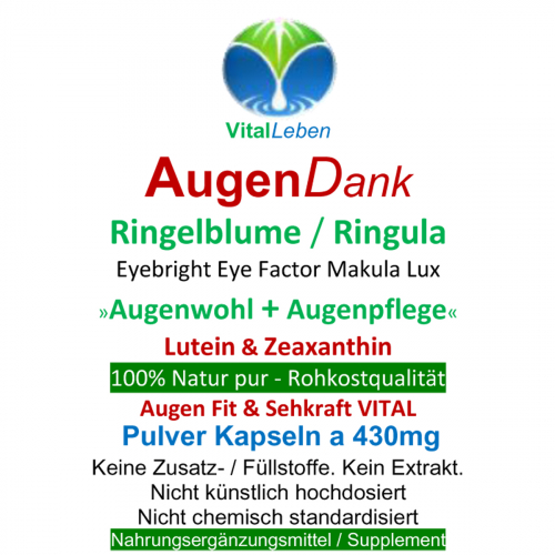 Ringelblume wird traditionell als Augenwohl zum Erhalt einer normalen gesunden Sehkraft geschätzt. Die Blütenkelche sind eine der besten natürlichen Quellen für Augenvitamine bzw. Maculapigmente Lutein und Zeaxanthin für die Netzhaut (Retina) und Makula