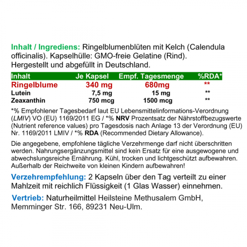 AugenVitamine AugenDank Ringelblume Lutein & Zeaxanthin 120 Kapseln Vital Sehkraft Vitamine für Augen und Makula - OHNE Zusatzstoffe.