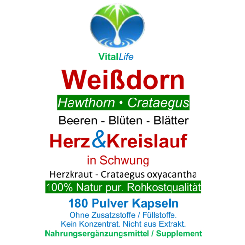 WEISSDORN Weißdorn 180 Kapseln - HERZKRAUT HERZ & KREISLAUF in SCHWUNG [BLÄTTER + BLÜTEN + BEEREN] NATUR pur NICHT Hochdosiert [OHNE Zusatzstoffe].