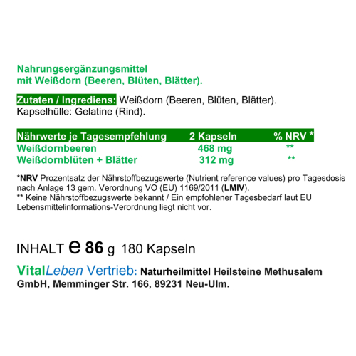 WEISSDORN Weißdorn 180 Kapseln - HERZKRAUT HERZ & KREISLAUF in SCHWUNG [BLÄTTER + BLÜTEN + BEEREN] NATUR pur NICHT Hochdosiert [OHNE Zusatzstoffe].