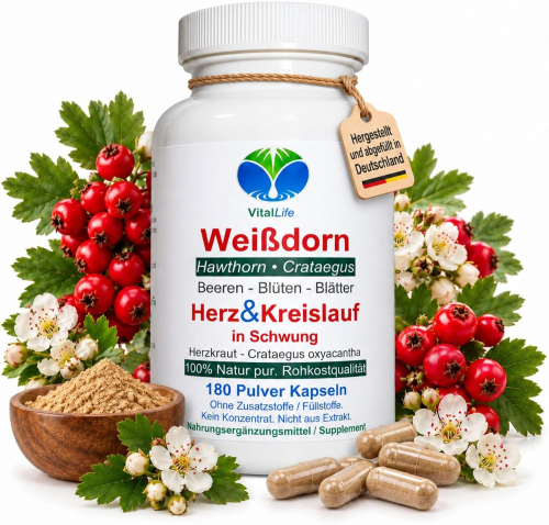 Weißdorn 720 Kapseln Weißdornbeeren + Blüten + Blätter | Natur pur ohne Zusatzstoffe & Füllstoffe | Kein Extrakt | Herzkraut & Herzpflanze traditionell nach Hildegard von Bingen