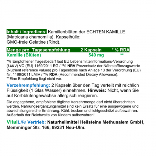 Echte Kamille Chamomilla 720 Pulver Kapseln kamillenblüten Natur pur