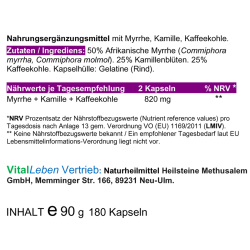 Myrrhe + Kamille + Kaffeekohle 180 Carbo Königs-Kapseln [OHNE Zusatzstoffe]