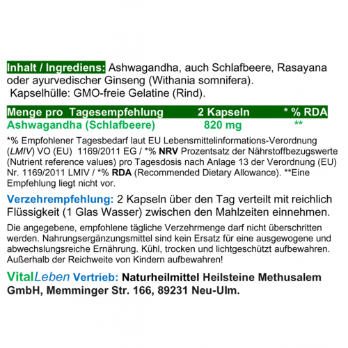 Ashwagandha Ayurvedischer Ginseng 360 Pulver Kapseln