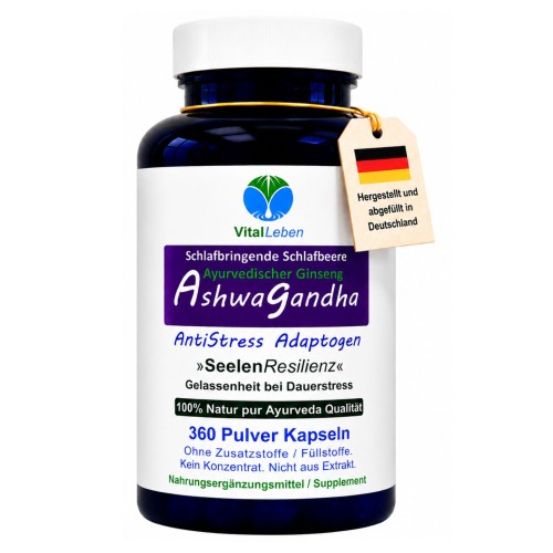 Ashwagandha Naturwurzel Withania somnifera 360 Pulver Kapseln. AYURVEDA-ADAPTOGEN. Natur pur. OHNE Zusatzstoffe.