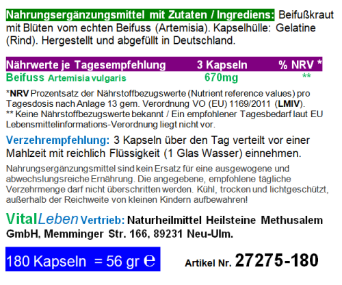 Beifuß echter Beifuss FLAVONOIDE & BITTERSTOFFE 720 (4x180) Kapseln. Vital im Alltag, natürliche Balance, innere Harmonie, gutes Körpergefühl, bewusster Lebensstil. 100% NATUR pur - OHNE Zusatzstoffe.