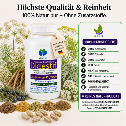 Bitterstoffe 7 Kräuter DIGESTIF 120 Kapseln - Appetitanregend, verdauungsfördernd ►Fettstoffwechsel, Leber, Galle, Durchblutung.
