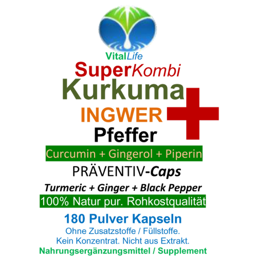 SuperKombi Kurkuma, Ingwer + Pfeffer 180 Pulver Kapseln