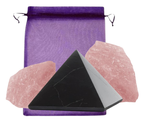 Schungit Pyramide 5cm & 2x Rosenqarz 5-tlg Strahlen-Set [Best Shungite aus Karelien].