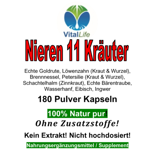 Nierenkapseln 11 Nierenkräuter 180 Nieren-Kräuter Kapseln mit GOLDRUTE - LÖWENZAHN - BRENNNESSEL uvm. [100% NATUR pur]