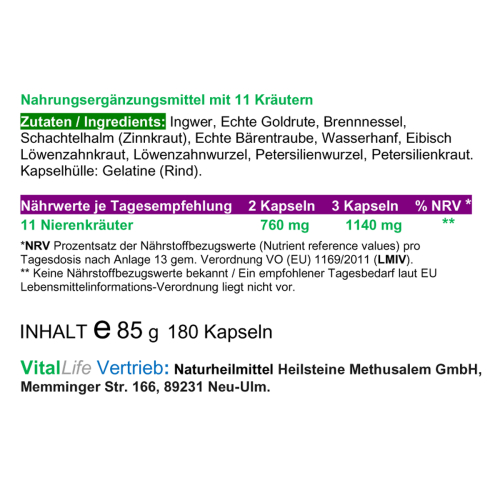 Nierenkapseln 11 Nierenkräuter 180 Nieren-Kräuter Kapseln mit GOLDRUTE - LÖWENZAHN - BRENNNESSEL uvm. [100% NATUR pur]