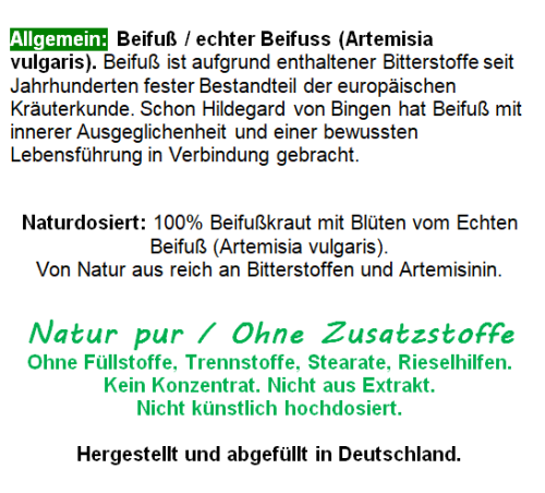 Beifuss 120 Pulver KAPSELN ECHTER Beifuß FLAVONOIDE & BITTERSTOFFE Artemisia 100% Natur pur. Nicht aus EXTRAKT. Ohne Füllstoffe. Ohne ZUSATZSTOFFE.