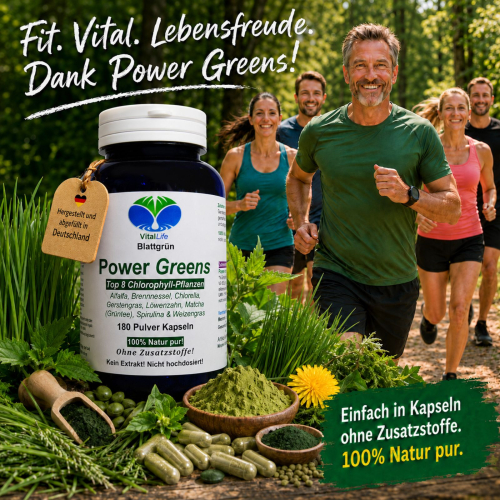Green Power Greens 8x Chlorophyll Supergreens 720 (4x180) Kapseln Alfalfa Brennnessel Chlorella Gerstengras Löwenzahn Matcha Spirulina Weizengras. Natur pur. Ohne Zusatzstoffe ►3 + 1 Dose GRATIS Angebot.
